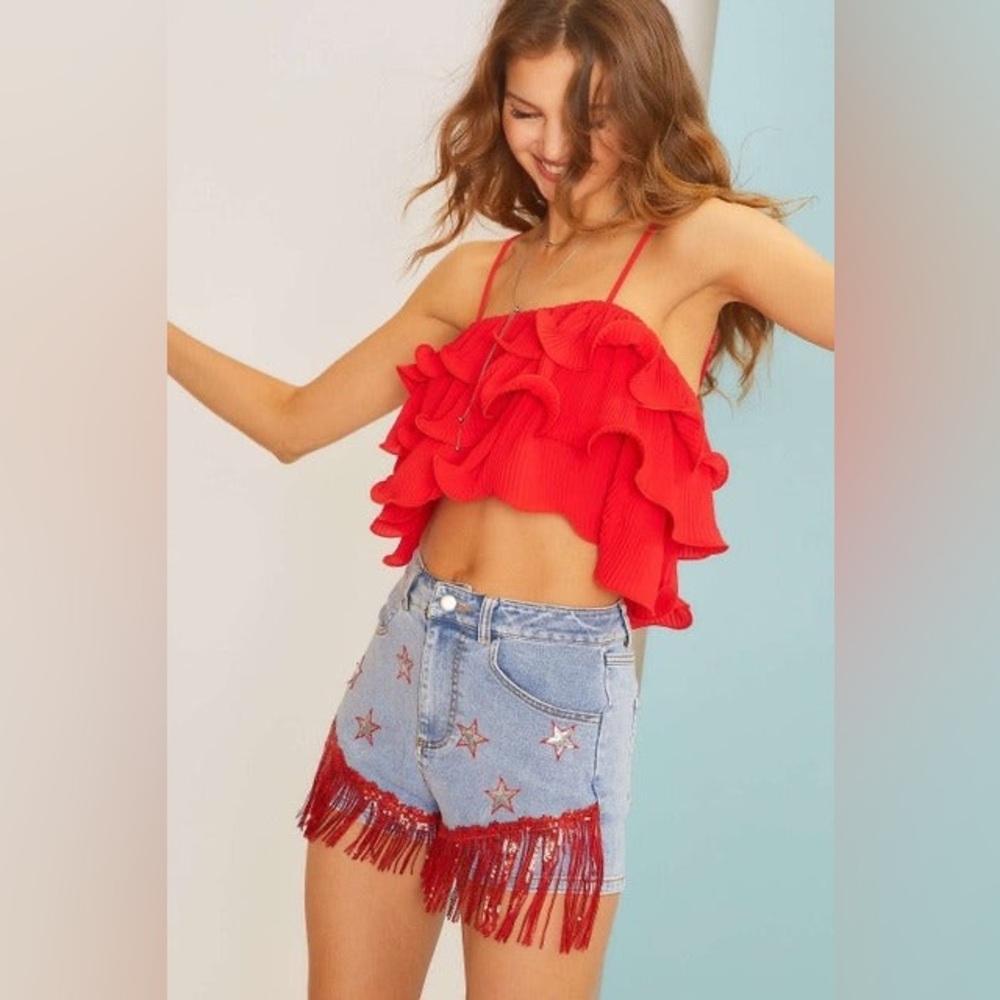 Sequin Fringe Star Denim Shorts - Main Strip